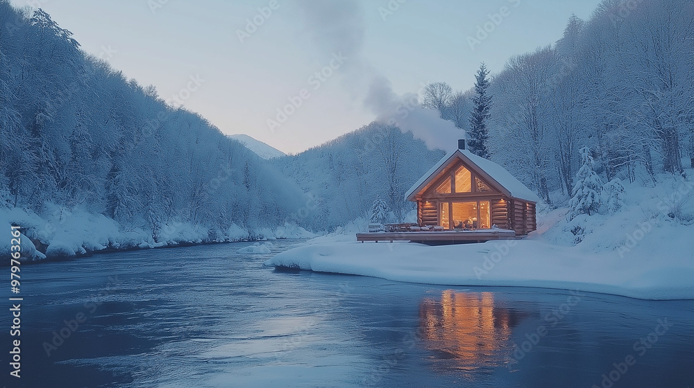 Fototapeta premium Tiny Log Cabin by a flowing river in a snowy