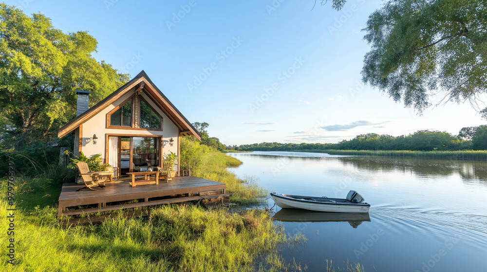 Fototapeta premium Tiny House Near a river dense forest