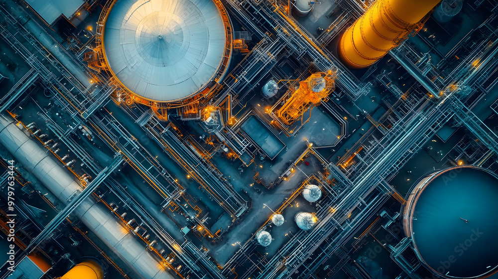 Minimalist aerial view of oil refinery with geometric patterns. Minimalist aerial view of oil refinery with geometric patterns.