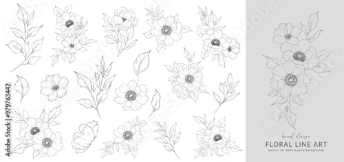 Ink Flower Drawing. Floral Line Art. Anemone Line Art Illustration. Line Art Bouquet.  Fine Line Anemone illustration. Hand Drawn flowers. Botanical Coloring. Wedding invitation flowers