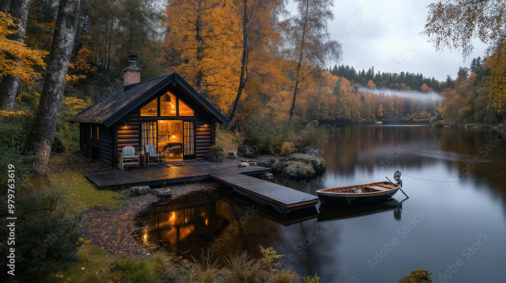 Obraz premium Tiny House Near a river dense forest