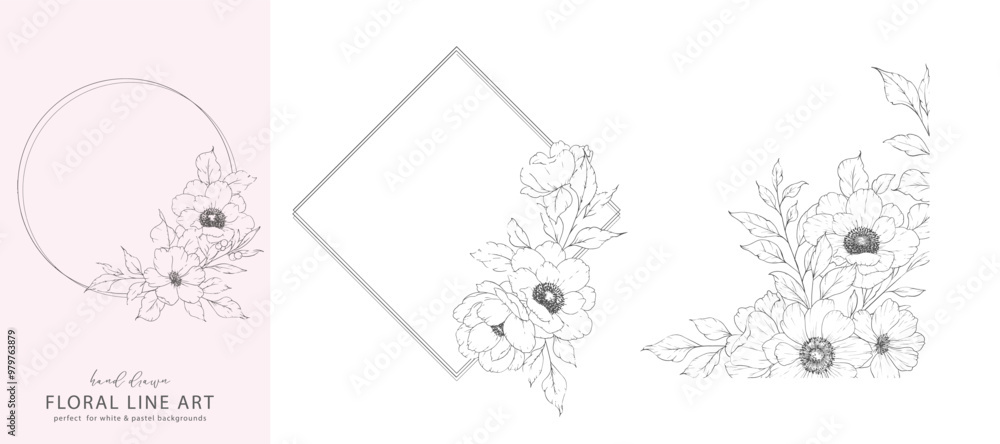 Obraz premium Floral Frame Line Art. Ink Flower Drawing. Floral Line Art. Anemone Line Art Illustration. Line Art Bouquet. Fine Line Anemone illustration. Hand Drawn flowers. Botanical Coloring.