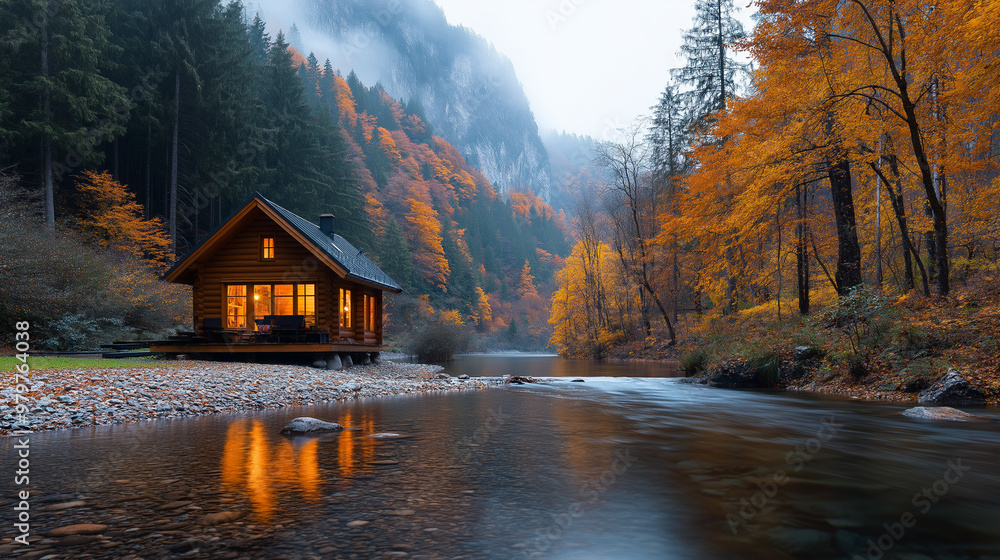 Fototapeta premium Tiny House Near a river dense forest