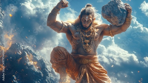 Striking Lord Hanuman Lifting Mountain Under Thunderous Sky