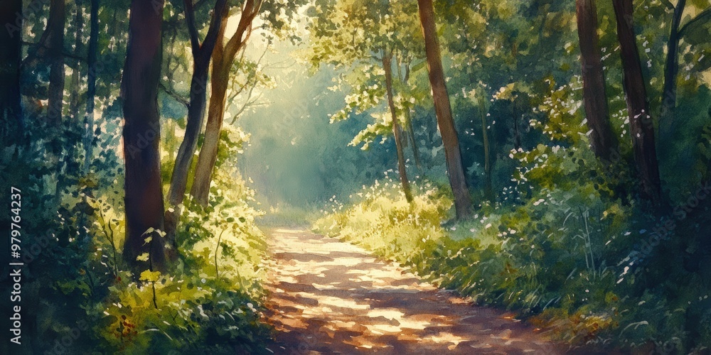 Fototapeta premium Watercolor painting of a path through a forest.