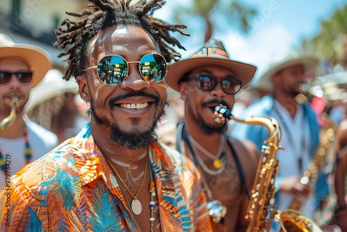 A man with dreadlocks and sunglasses is smiling and holding a saxophone