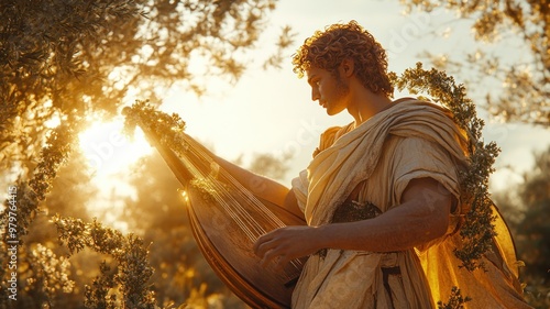 Majestic Apollo playing a lyre with the sun shining, surrounded by laurel wreaths, symbolizing music and prophecy.