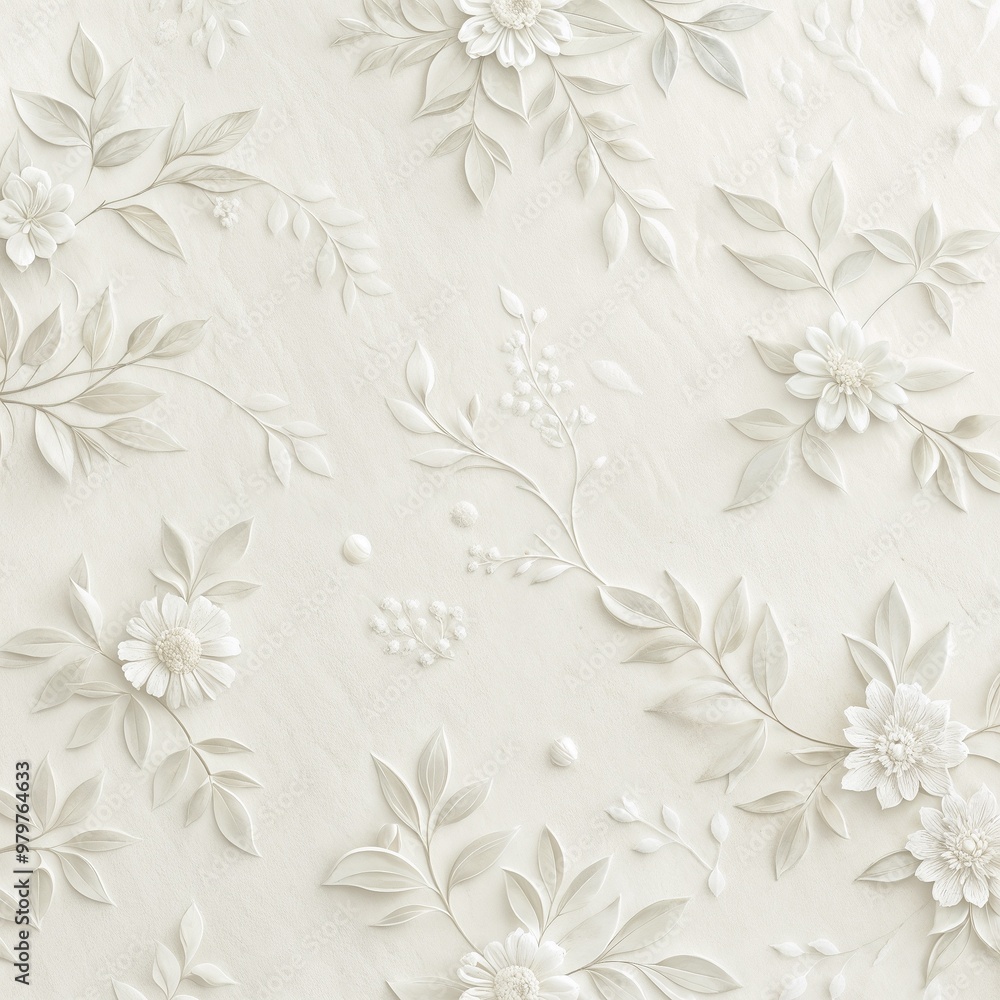 Elegant white floral paper art with leaves and flowers on textured background with copy space Elegant white floral paper art with leaves and flowers on textured background with copy space
