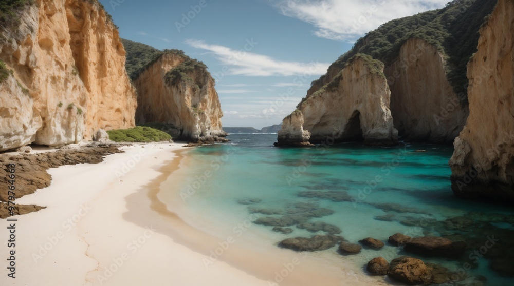 Fototapeta premium Stunning beach landscape with turquoise water and rocky cliffs under a bright sky 