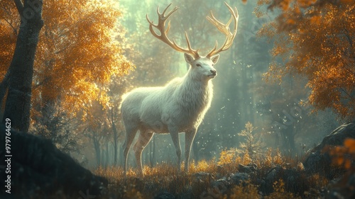 Majestic white stag in a mystical forest, antlers glowing with ethereal light, symbolizing purity and magic. photo