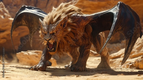 Detailed manticore hunting in the desert, with a lion's body, bat wings, and a scorpion tail, symbolizing danger and savagery. photo