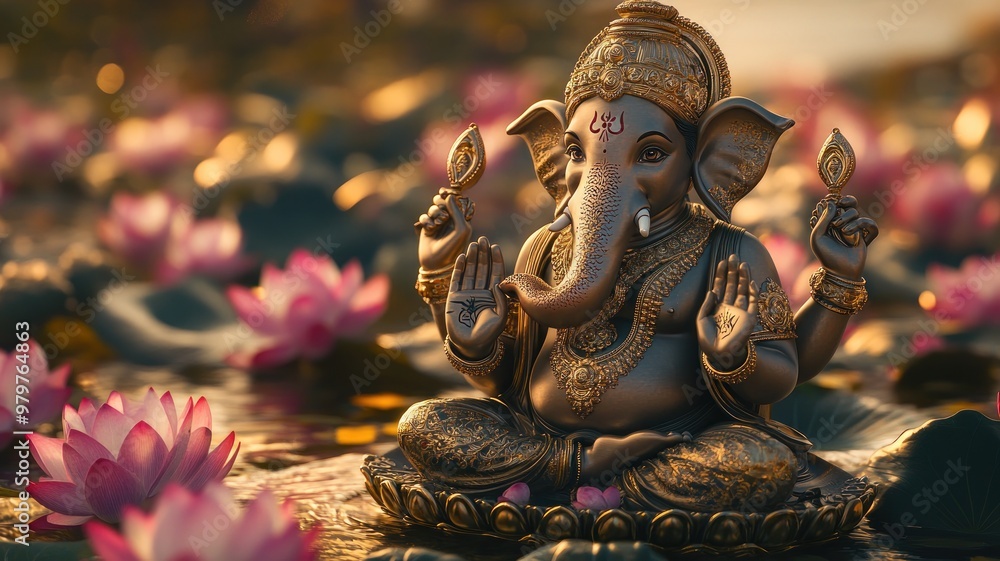 Serene Lord Ganesha Seated on Lotus with Golden Background Serene Lord Ganesha Seated on Lotus with Golden Background