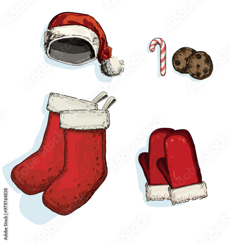 equipment start pack for santa claus stockings hat gloves and sweets cookies christmas presents time winter holidays symbol isolated on white background