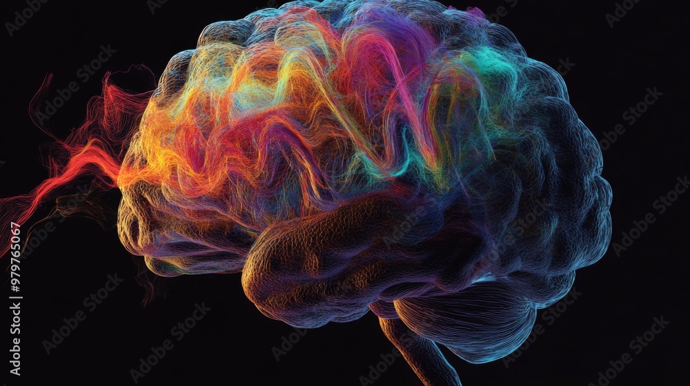 An artistic rendering of a human brain with colorful, flowing neural pathways, illustrating complex cognitive processes and mental activity.