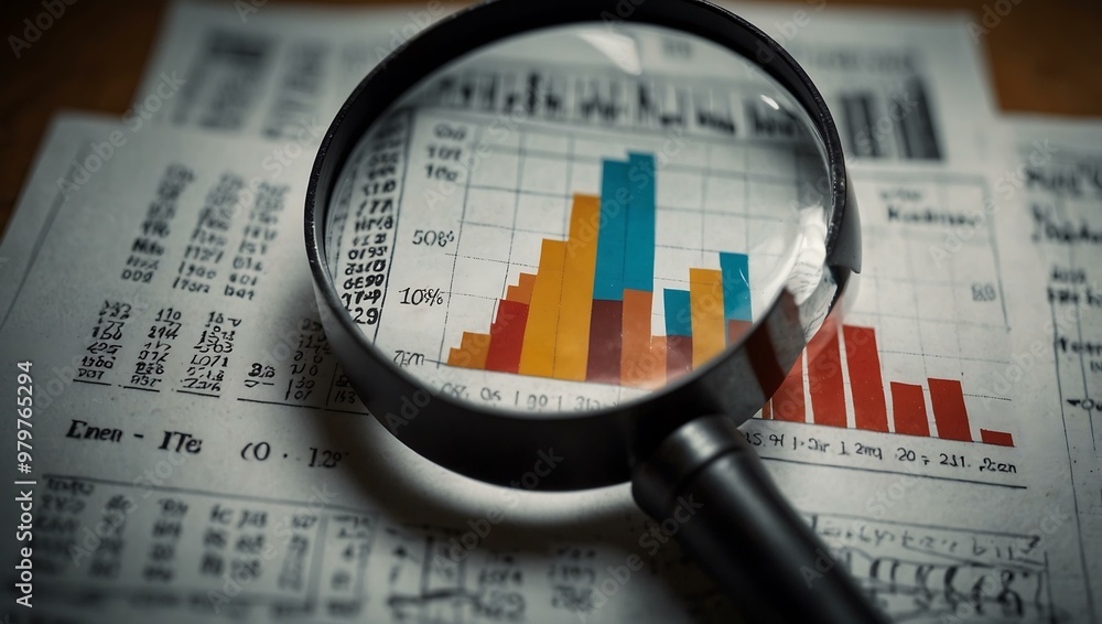 Magnifying glass over charts. Magnifying glass over charts.