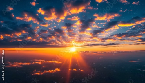 Dramatic aerial view of an evening sky bathed in sunset hues, where sunlight dances with clouds in a stunning harmony of colors photo