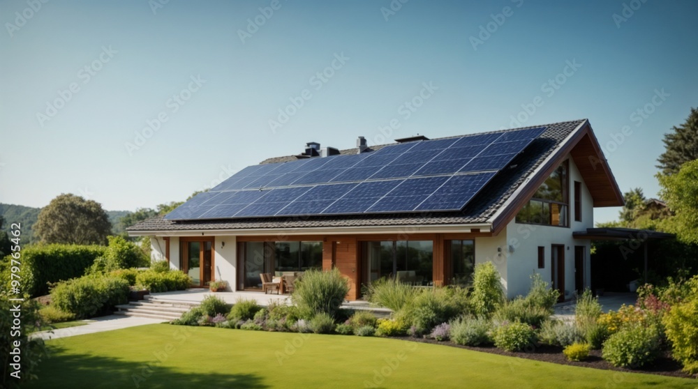 Modern eco-friendly house with solar panels and lush green garden under bright sunlight
Modern eco-friendly house with solar panels and lush green garden under bright sunlight