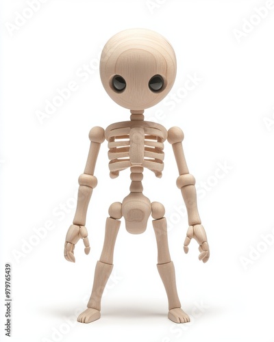 A wooden skeleton is standing on a white background