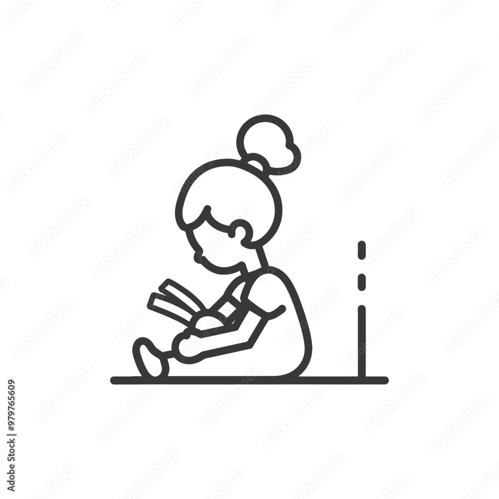 Line Art Illustration of a Young Girl Sitting and Reading a Book Line Art Illustration of a Young Girl Sitting and Reading a Book