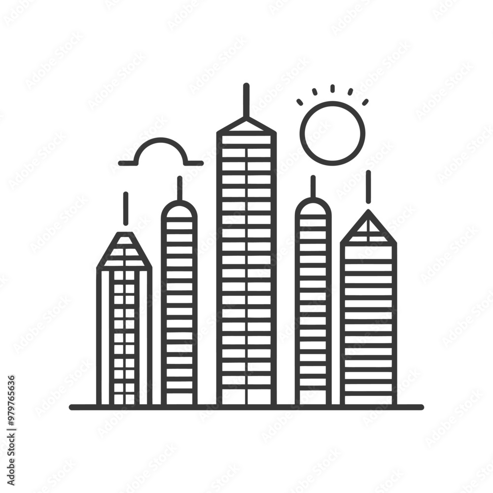 Line Art Illustration of City Skyline with Sun and Clouds Line Art Illustration of City Skyline with Sun and Clouds