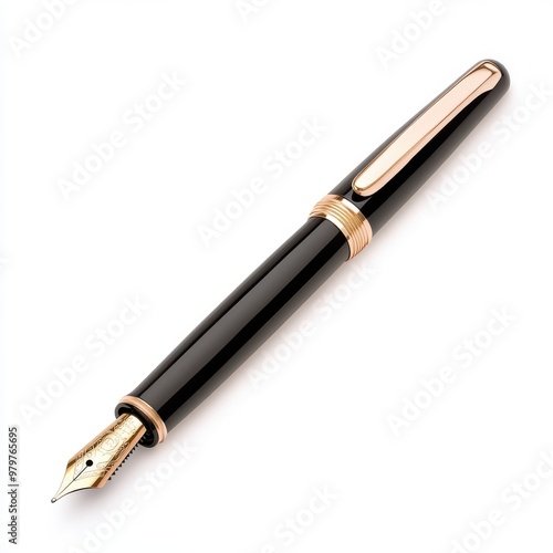 A black pen with gold trim sits on a white background