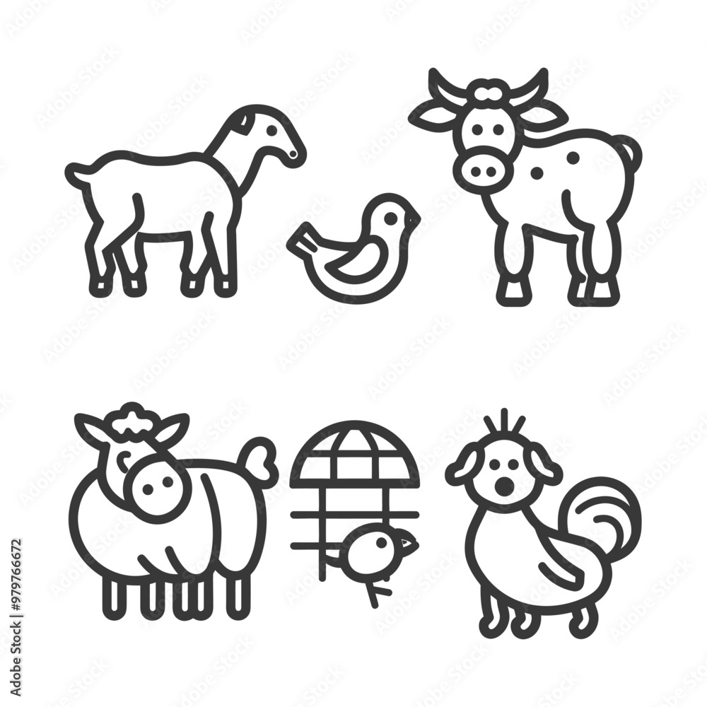 Line Art Illustrations of Farm Animals and a Bird Line Art Illustrations of Farm Animals and a Bird