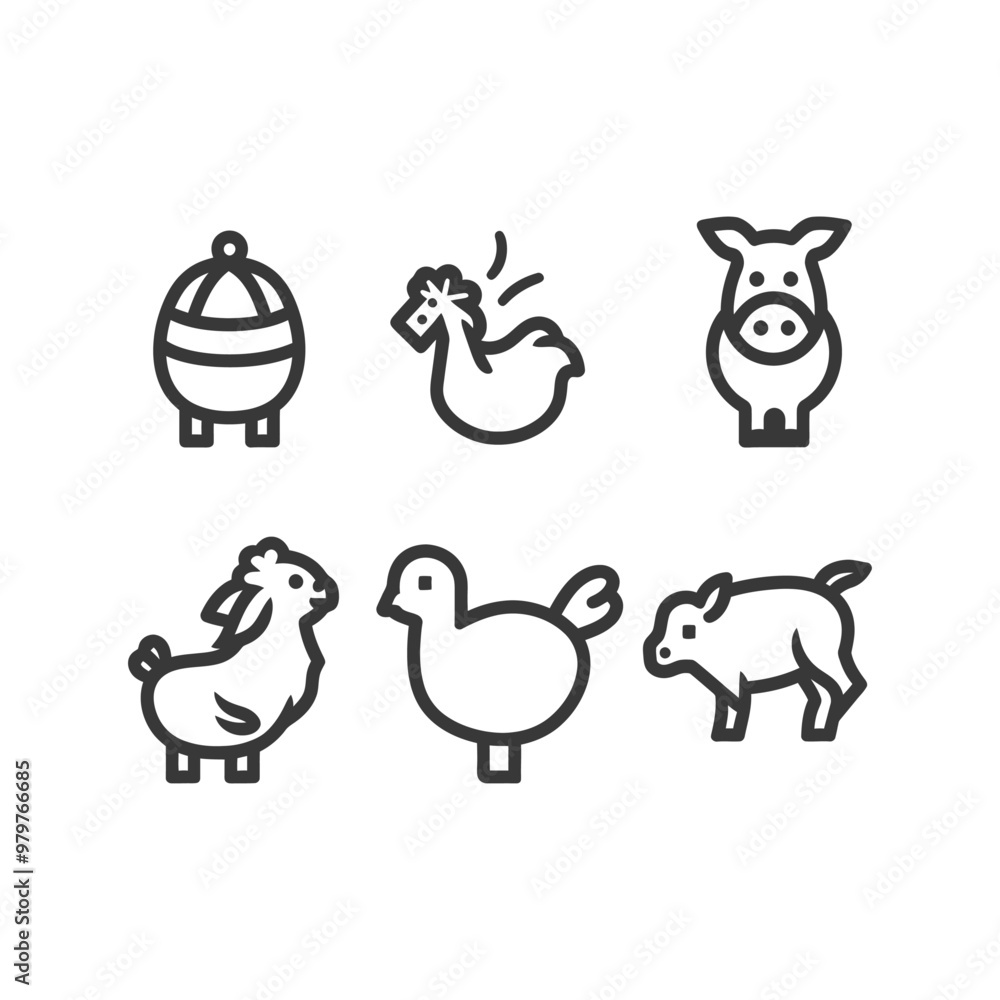 Line Art Illustrations of Farm Animals and a Bird Line Art Illustrations of Farm Animals and a Bird