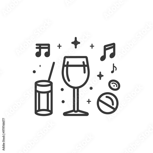 Line Art Illustration of Wine Glass Cocktail Music Notes and Plus Signs