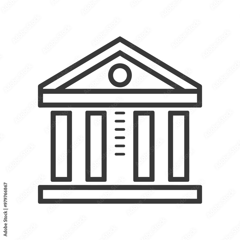 Line drawing illustration of a building with a triangular roof columns and a round window Line drawing illustration of a building with a triangular roof columns and a round window