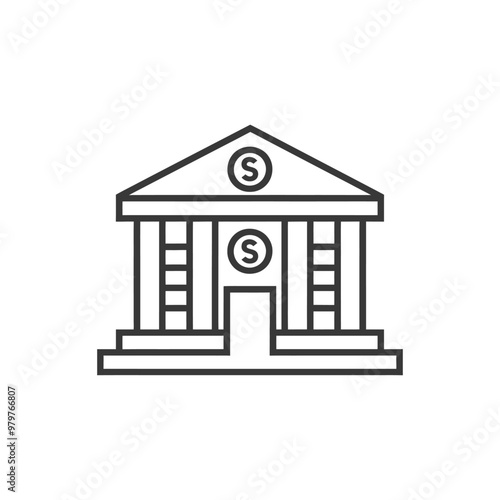 Line drawing icon of a bank building with dollar signs