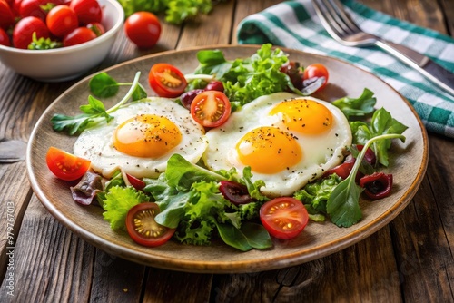 Realistic photo of a breakfast plate with perfectly fried eggs, accompanied by a fresh, vibrant salad