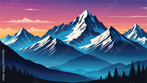 Vector illustration of mountain range at sunset, vibrant colors, perfect for travel posters
