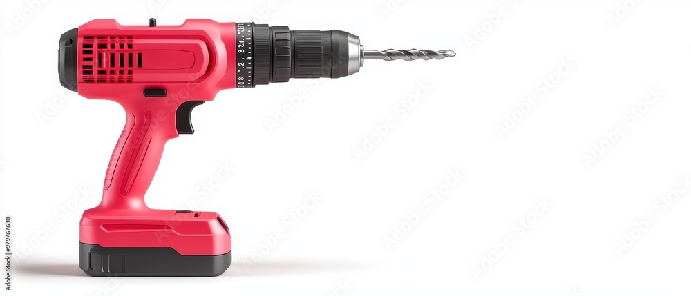 A red power drill with a drill bit in the handle A red power drill with a drill bit in the handle