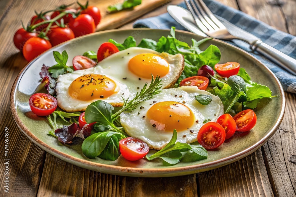 Realistic photo of a breakfast plate with perfectly fried eggs, accompanied by a fresh, vibrant salad Realistic photo of a breakfast plate with perfectly fried eggs, accompanied by a fresh, vibrant salad