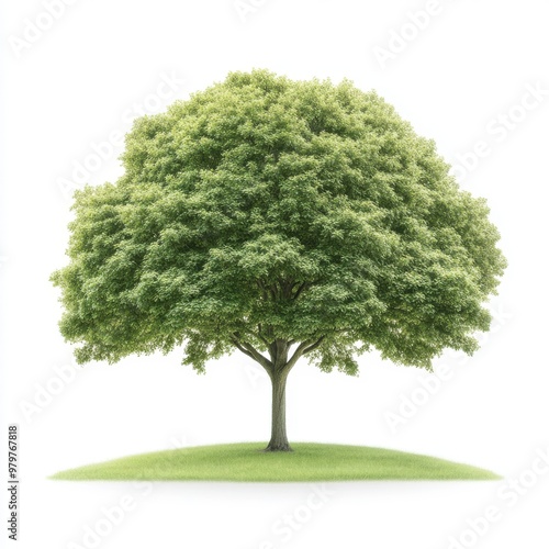 A large tree with green leaves stands alone in a field photo