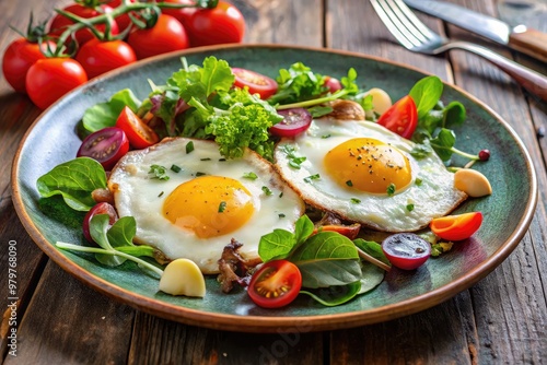 Realistic photo of a breakfast plate with perfectly fried eggs, accompanied by a fresh, vibrant salad