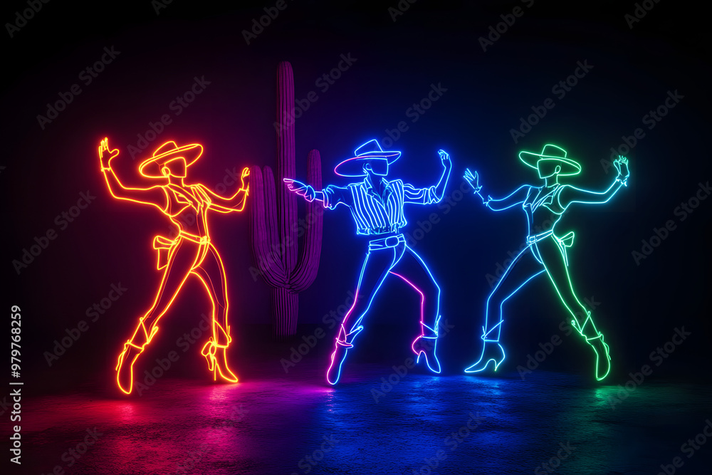 Neon outlines of line dancing cowboys and cowgirls under a desert cactus isolated on black background. Neon outlines of line dancing cowboys and cowgirls under a desert cactus isolated on black background.