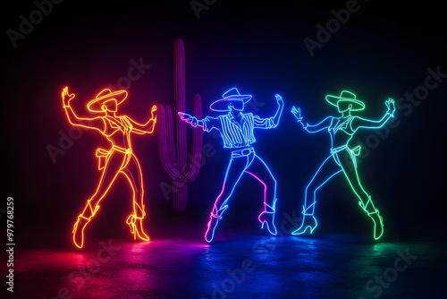 Neon outlines of line dancing cowboys and cowgirls under a desert cactus isolated on black background. photo