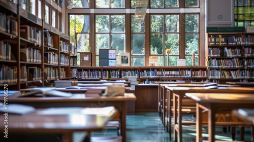 Spacious library with wooden tables and bookshelves