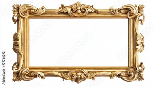 Antique carved gilded frame isolated on white background. Vintage golden rectangle frame for photo. generative AI transparent background