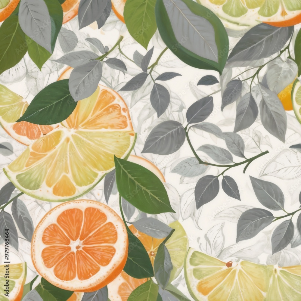 Obraz premium Seamless pattern with vibrant citrus slices and green leaves on a light background