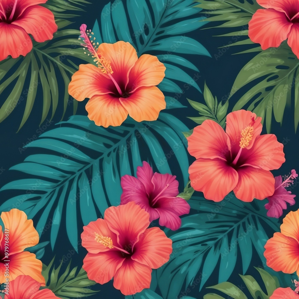 Seamless tropical pattern featuring vibrant hibiscus flowers and palm leaves against a dark background Seamless tropical pattern featuring vibrant hibiscus flowers and palm leaves against a dark background