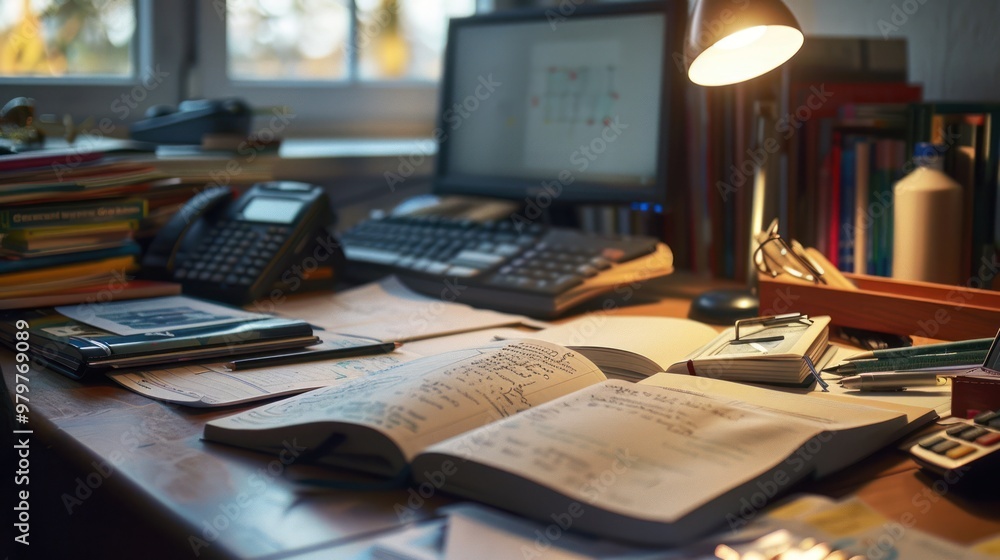 Desk with Open Book and Papers in Office Desk with Open Book and Papers in Office