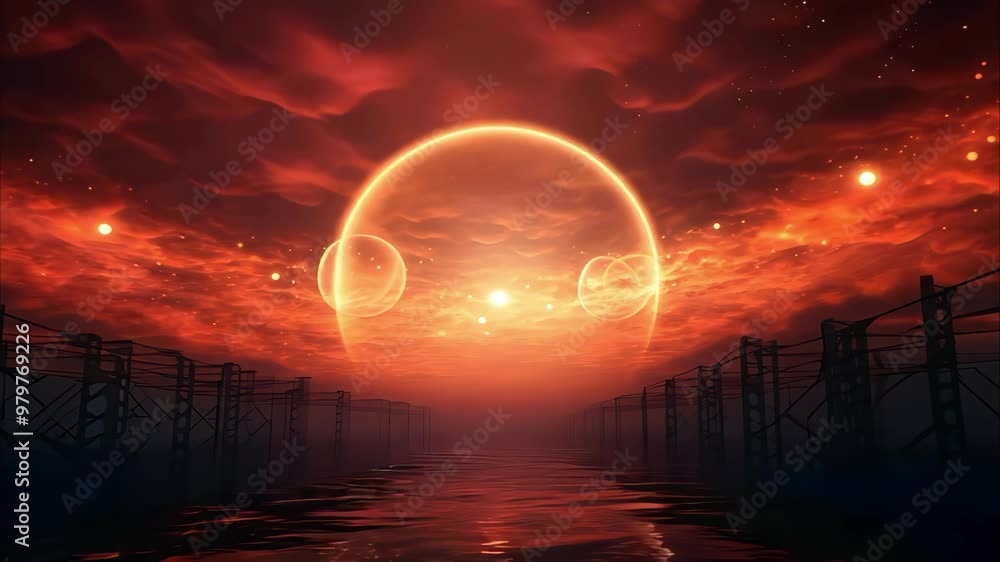 A surreal landscape featuring a glowing sunset with celestial bodies and dark silhouettes of power lines over water. A surreal landscape featuring a glowing sunset with celestial bodies and dark silhouettes of power lines over water.