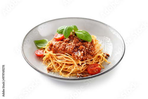 Traditional italian food - spaghetti bolognese with fresh basil leaves and parmesan cheese. isolated on white background