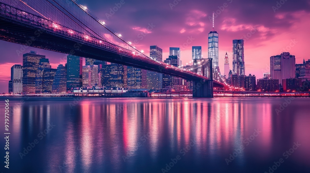 Obraz premium Brooklyn Bridge and Manhattan skyline during twilight, city lights reflecting on water, concept of urban landscapes transparent background