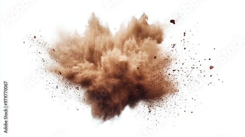 Brown dust explosion with cloud and particles, isolated on white. transparent background