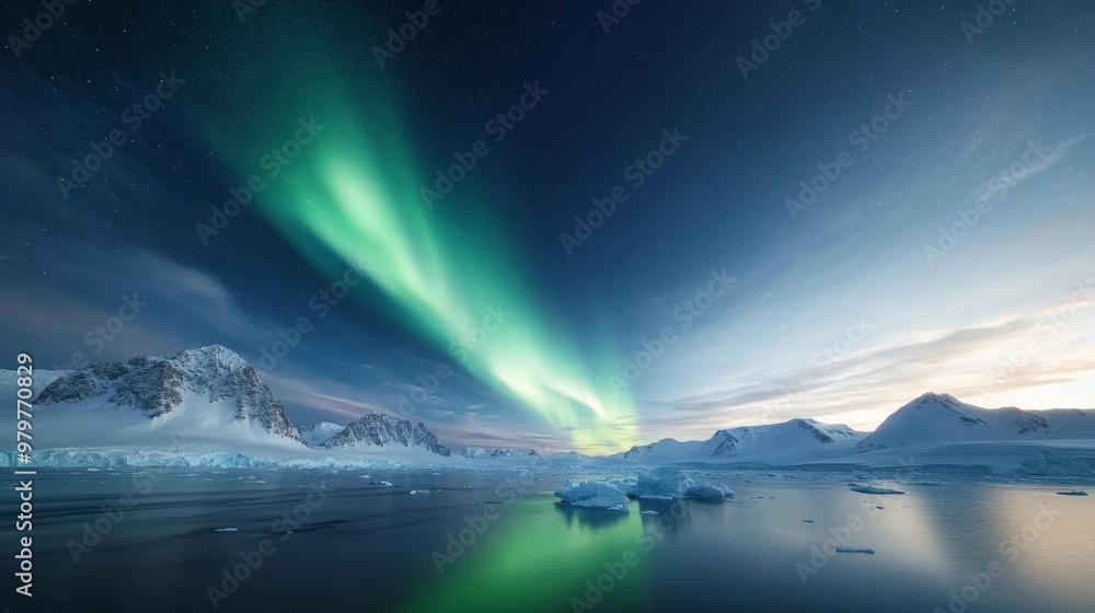 Aurora Australis, glowing sky above icebergs, night tranquility. Aurora Australis, glowing sky above icebergs, night tranquility.