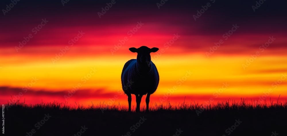 Fototapeta premium Black sheep silhouette framed by a glowing sunset, vibrant colors fading into the horizon, dramatic contrast, isolated figure creating a sense of mystery and solitude