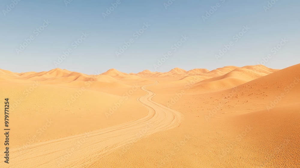 A photorealistic perspective of a vast desert, with a single dirt road winding its way through the sand dunes. The sky is clear and blue, with the sun casting harsh shadows across the dunes A photorealistic perspective of a vast desert, with a single dirt road winding its way through the sand dunes. The sky is clear and blue, with the sun casting harsh shadows across the dunes